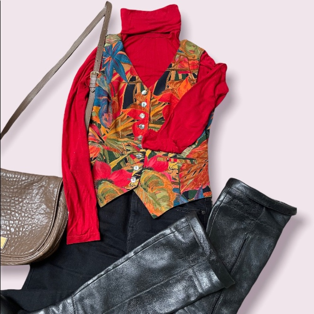 Vintage tropical floral Karen Kane button vest with pockets